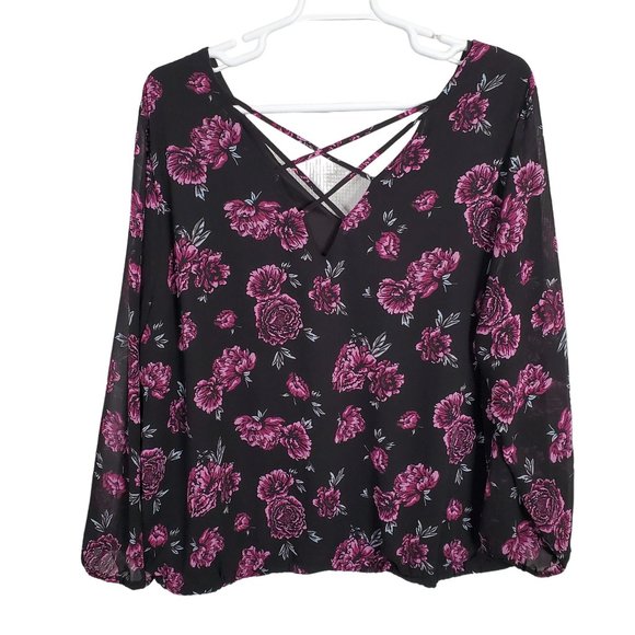 Torrid 4 Sz 4X Blouse Pullover Flowy Floral Long Sleeve Criss Cross Back Purple - Picture 4 of 10